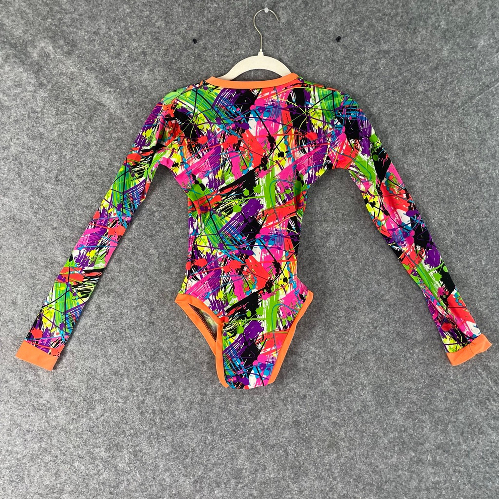 Unbranded Neon Splatter Bodysuit Womens S 80s Rave Festival Lace Up Plunge - Picture 5 of 7